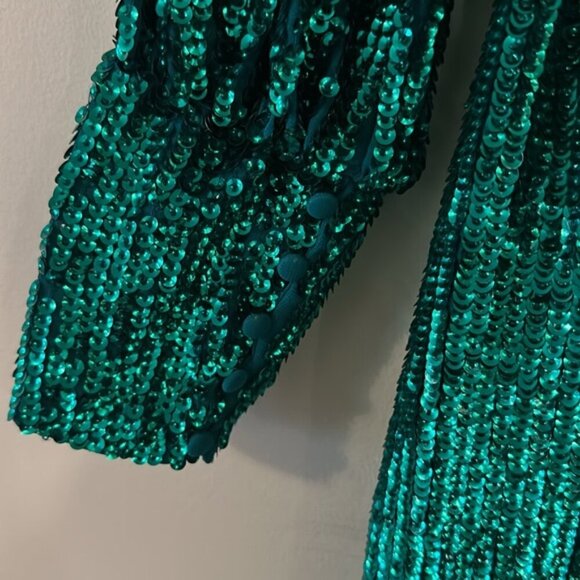 Asos Edition Sequin Wrap Long Sleeve Tie Waist Mini Dress in Teal Green - Picture 7 of 13